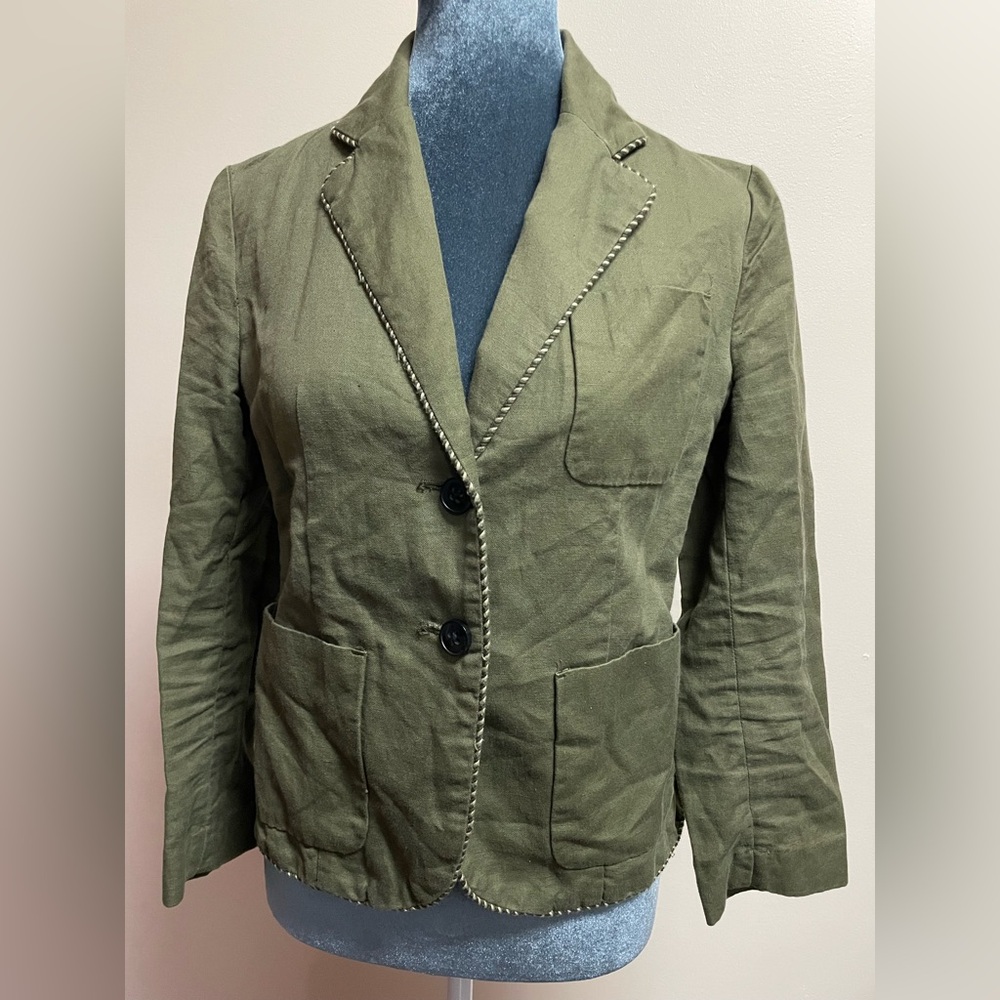 Anthropologie Cartonnier Blazer Army Green Cropped Cotton Linen Jacket Size 2